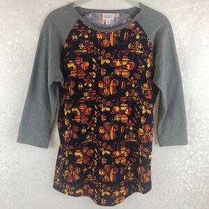 LuLaRoe Randy Black Tee w/Bright Multi-Floral Print 3/4 Length Gray Sleeves Sz M